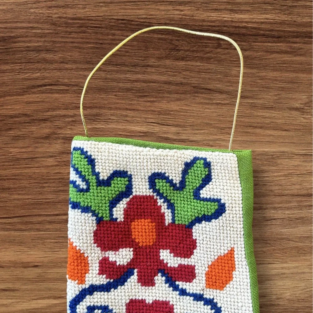 Handmade Needlepoint Christmas Stocking Folk Art Scandi‎ Pennylvania Dutch Retro